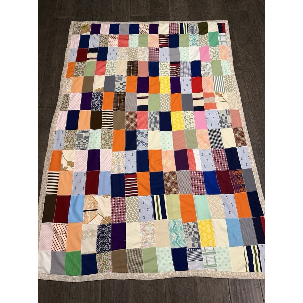 Vintage 1970s Rectangle Patchwork Quilt Handmade Colorful Retro Fabric Blanket
